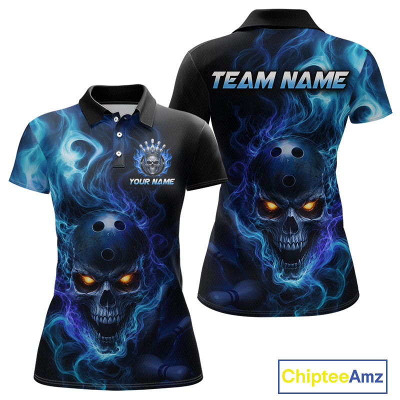 Front and back views of a black bowling polo shirt featuring a flaming skull with glowing orange eyes, blue smoke effects, and custom “TEAM NAME” and “YOUR NAME” text.