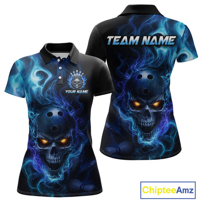 Front and back views of a black bowling polo shirt featuring a flaming skull with glowing orange eyes, blue smoke effects, and custom “TEAM NAME” and “YOUR NAME” text.