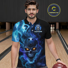 Load image into Gallery viewer, Man wearing a  black bowling polo shirt featuring a flaming skull with glowing orange eyes, blue smoke effects, and custom “YOUR NAME” text.