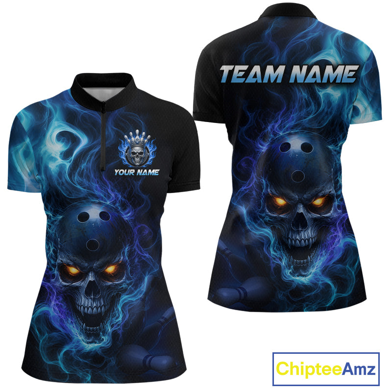 Front and back views of a black bowling  quarter zip shirt featuring a flaming skull with glowing orange eyes, blue smoke effects, and custom “TEAM NAME” and “YOUR NAME” text.