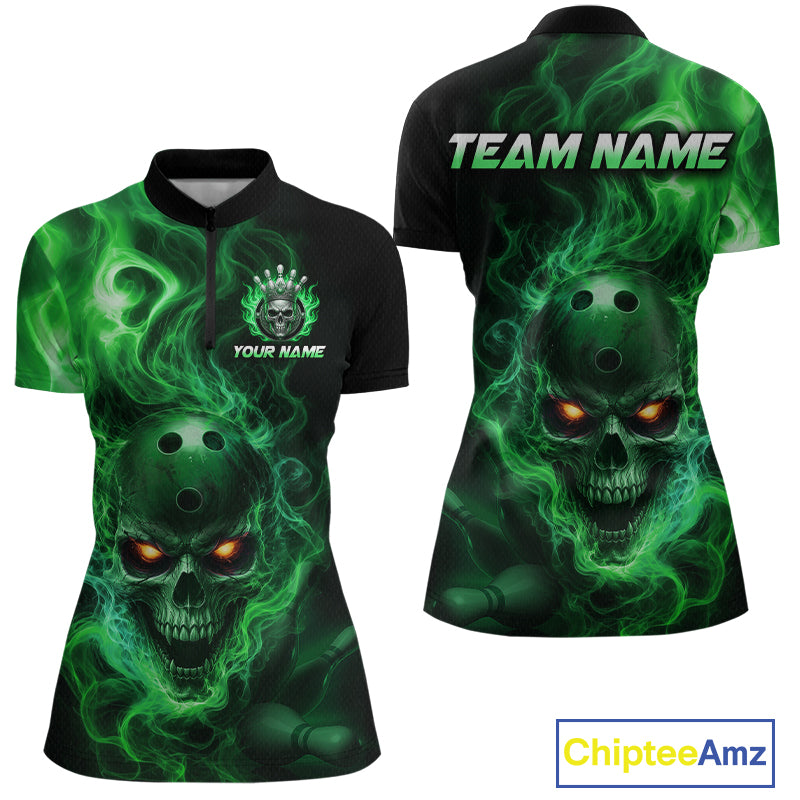 Front and back views of a black bowling  quarter zip shirt featuring a flaming skull with glowing orange eyes, green smoke effects, and custom “TEAM NAME” and “YOUR NAME” text.