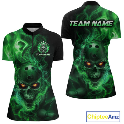 Front and back views of a black bowling  quarter zip shirt featuring a flaming skull with glowing orange eyes, green smoke effects, and custom “TEAM NAME” and “YOUR NAME” text.