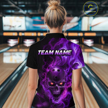 Load image into Gallery viewer, Woman wearing a black bowling quarter zip shirt featuring a flaming skull with glowing orange eyes, purple smoke effects, and custom “TEAM NAME” text