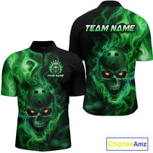 Load image into Gallery viewer, Front and back views of a black bowling quarter zip shirt featuring a flaming skull with glowing orange eyes, green smoke effects, and custom “TEAM NAME” and “YOUR NAME” text.