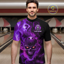 Load image into Gallery viewer, Man wearing a black bowling quarter zip shirt featuring a flaming skull with glowing orange eyes, purple smoke effects, and custom “YOUR NAME” text.