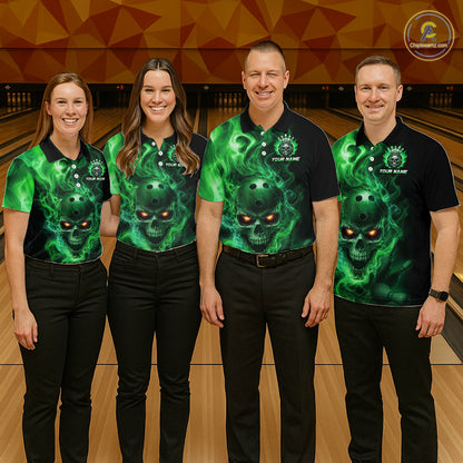 Four people wearing a black bowling polo shirt featuring a flaming skull with glowing orange eyes, green smoke effects, and custom “YOUR NAME” text.
