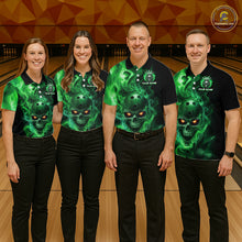 Load image into Gallery viewer, Four people wearing a black bowling polo shirt featuring a flaming skull with glowing orange eyes, green smoke effects, and custom “YOUR NAME” text.