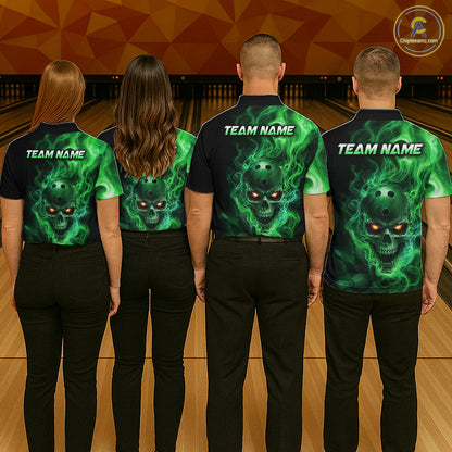 Four people wearing a black bowling quarter zip shirt featuring a flaming skull with glowing orange eyes, green smoke effects, and custom “TEAM NAME” text.