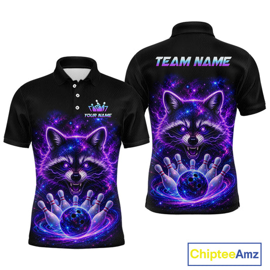 Black short-sleeve polo shirt shown from the front and back, featuring a vivid purple and blue raccoon bowling graphic with lightning effects, bowling pins, and customizable text areas on the chest and upper back. A ChipteeAmz logo appears in the bottom right corner.
