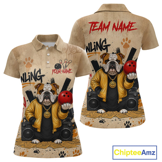 Front and back views of a beige short-sleeve polo shirt featuring a cartoon bulldog wearing a yellow jacket and holding red bowling balls, with 'TEAM NAME' and 'BOWLING' text and paw-print graphics on a white background. A 'ChipteeAmz' logo appears in the bottom right corner.