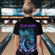 Load image into Gallery viewer, Woman wearing a black bowling polo with teal and purple bee graphics, custom team text, bowling pins, and a purple bowling ball.