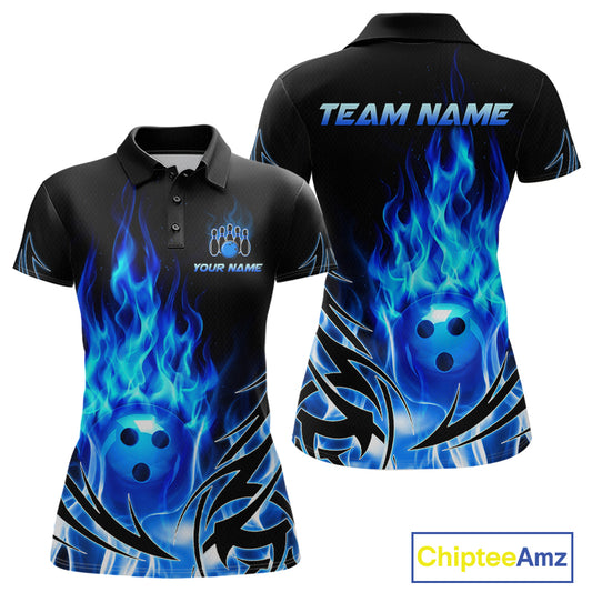 Custom Blue Flame Bowling Jersey for Women Bowling Team Shirts Bowling League HNT469