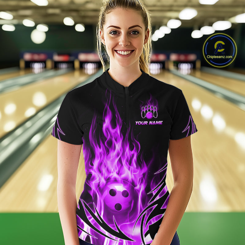Custom Purple Flame Bowling Jersey for Women Bowling Team Shirts Bowling League HNT469