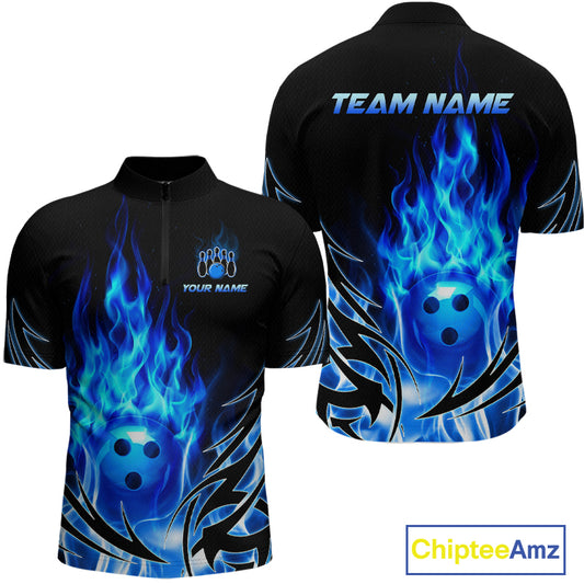Custom Blue Flame Bowling Jersey for Men Bowling Team Shirts Bowling League HNT469