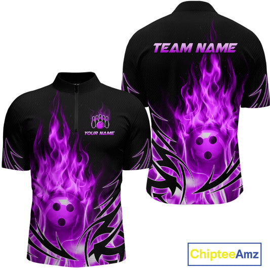 Custom Purple Flame Bowling Jersey for Men Bowling Team Shirts Bowling League HNT469