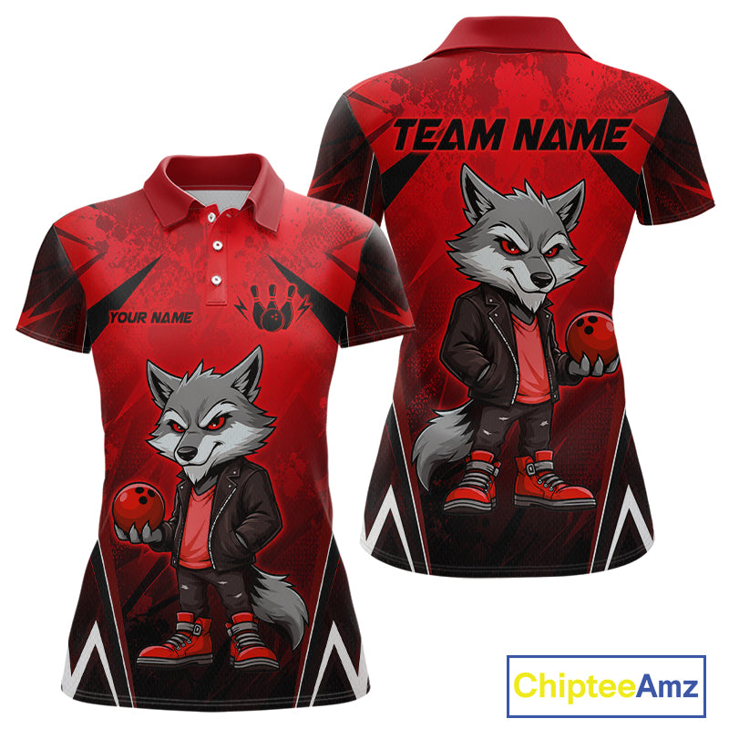 Front and back views of a red and black bowling polo shirt featuring a gray wolf mascot holding a red bowling ball, with custom team and player name text.