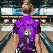 Load image into Gallery viewer, Woman wearing a purple and black bowling quarter zip shirt featuring a gray wolf mascot holding a purple bowling ball, with custom team name text.