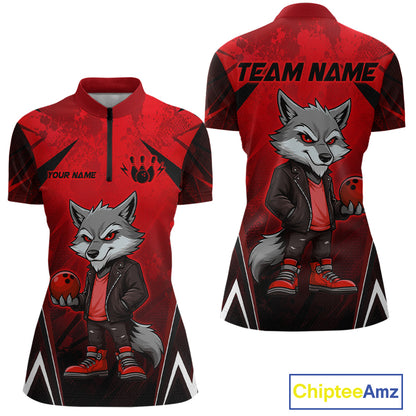 Front and back views of a red and black bowling quarter zip shirt featuring a gray wolf mascot holding a red bowling ball, with custom team and player name text.