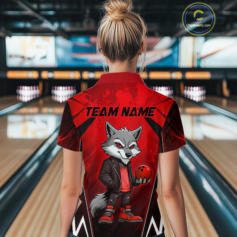 Woman wearing a red and black bowling quarter zip shirt featuring a gray wolf mascot holding a red bowling ball, with custom team name text.