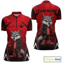 Load image into Gallery viewer, Front and back views of a red and black bowling quarter zip shirt featuring a gray wolf mascot holding a red bowling ball, with custom team and player name text.