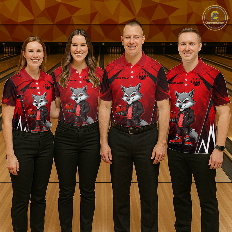 Four people wearing a red and black bowling quarter zip shirt featuring a gray wolf mascot holding a red bowling ball, with custom player name text.