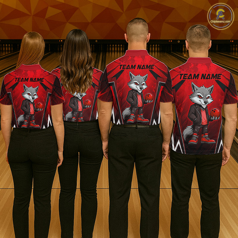Four people wearing a red and black bowling quarter zip shirt featuring a gray wolf mascot holding a red bowling ball, with custom team name text.