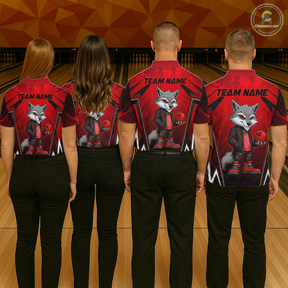 Four people wearing a red and black bowling quarter zip shirt featuring a gray wolf mascot holding a red bowling ball, with custom team name text.