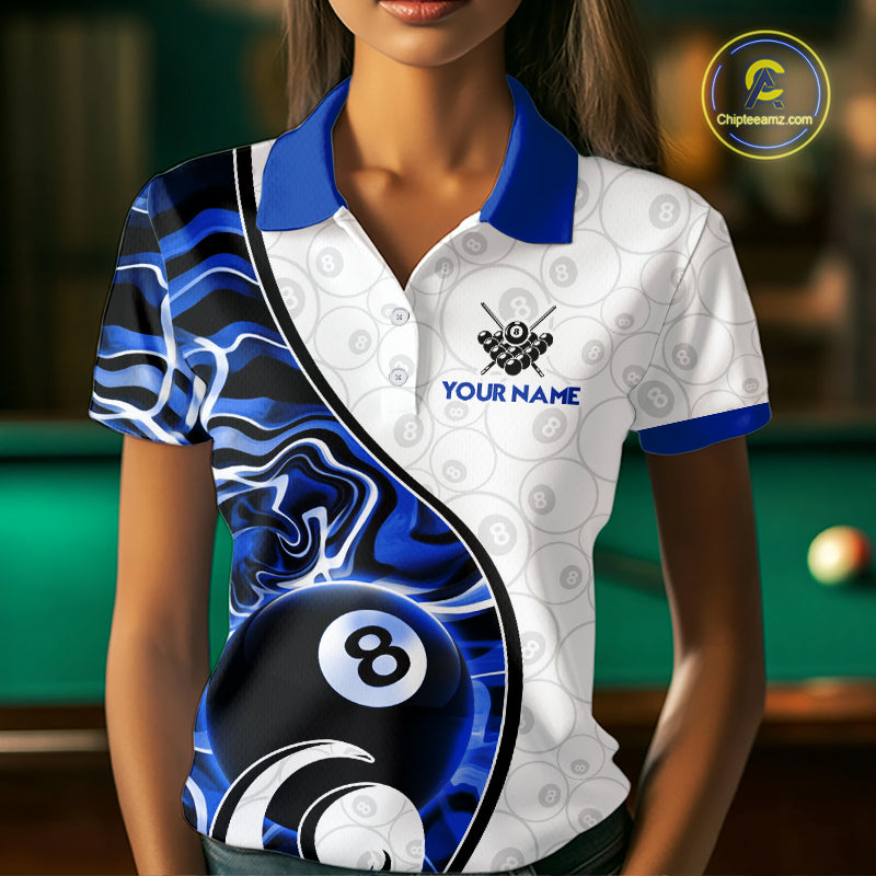 Custom Blue Liquid Swirl 8 Ball Billiard Shirts for Women Billiard Team Jerseys Billiard League NNT279