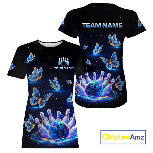Black t-shirt with butterfly and bowling design, customizable with team name, ChipteeAmz brand visible.