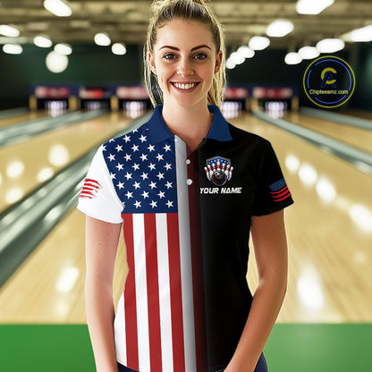 Custom US Flag Eagle Bowling Jersey for Women Bowling Team Shirts Polo & 1/4 Zip Bowling League HNT476