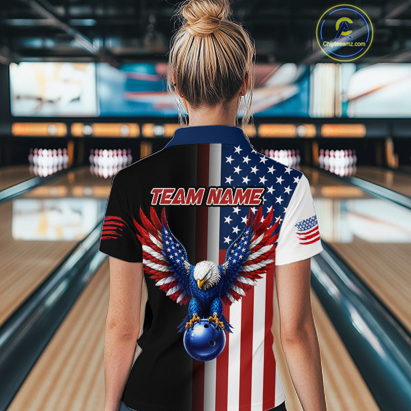Custom US Flag Eagle Bowling Jersey for Women Bowling Team Shirts Polo & 1/4 Zip Bowling League HNT476