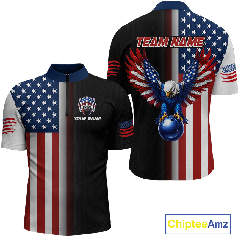 Custom US Flag Eagle Bowling Jersey for Men Bowling Team Shirts Polo & 1/4 Zip Bowling League HNT476