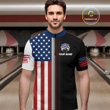 Custom US Flag Eagle Bowling Jersey for Men Bowling Team Shirts Polo & 1/4 Zip Bowling League HNT476