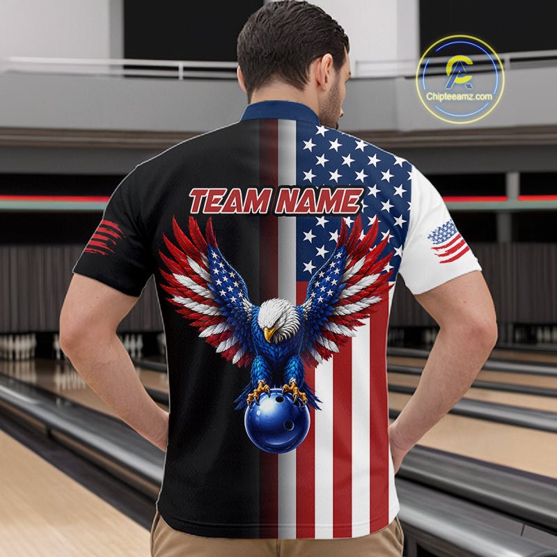 Custom US Flag Eagle Bowling Jersey for Men Bowling Team Shirts Polo & 1/4 Zip Bowling League HNT476