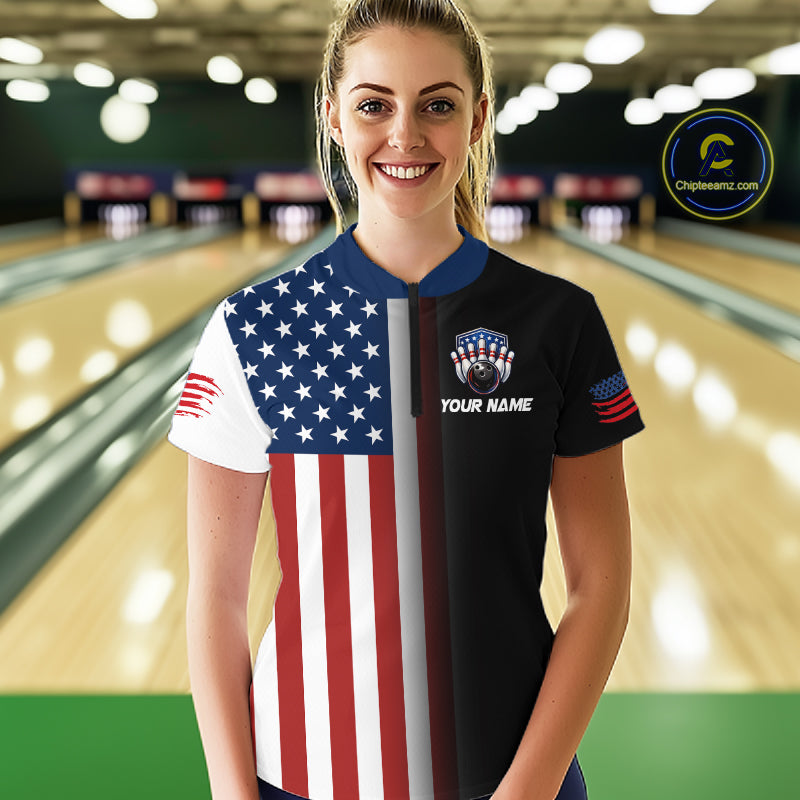 Custom US Flag Eagle Bowling Jersey for Women Bowling Team Shirts Polo & 1/4 Zip Bowling League HNT476