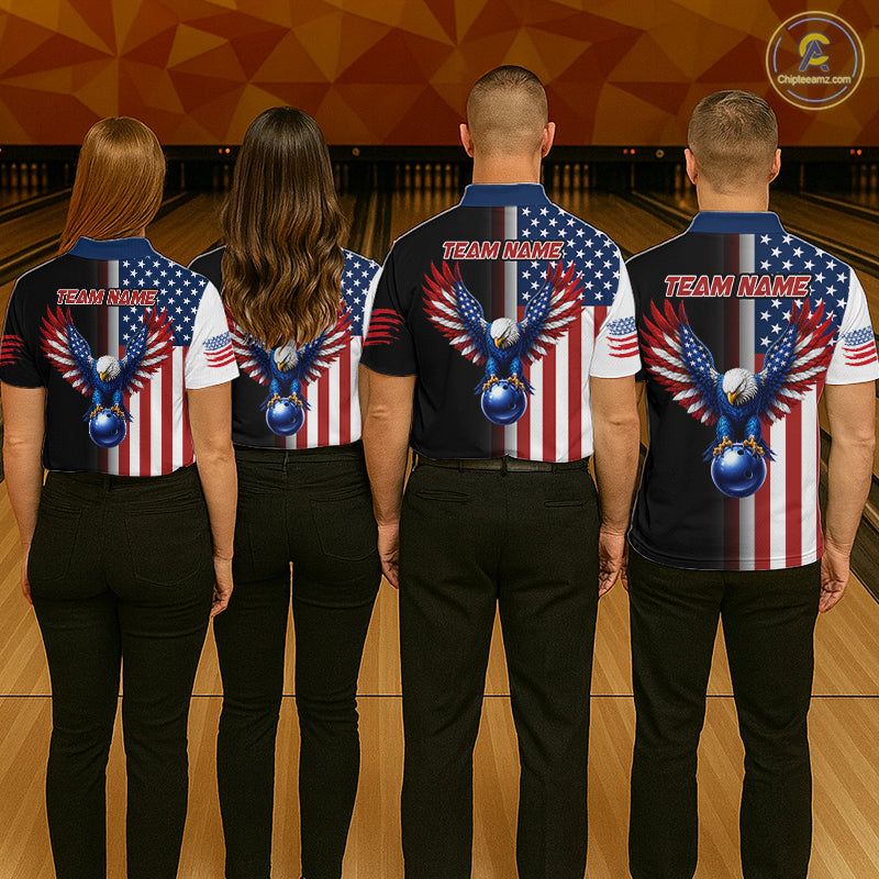 Custom US Flag Eagle Bowling Jersey for Men Bowling Team Shirts Polo & 1/4 Zip Bowling League HNT476