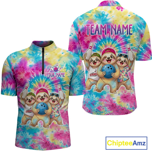 Custom Funny Sloth Bowling Jersey for Men Tropical Tie-Dye Bowling Team Shirts Bowling League HNT306