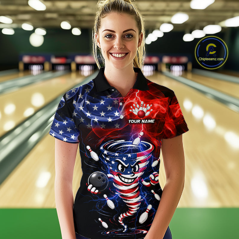 Custom Smoke US Flag Tornado Bowling Jersey for Women Bowling Team Shirts Polo & 1/4 Zip HNT480