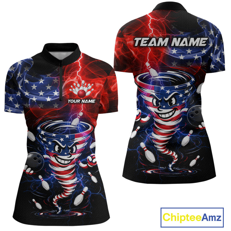 Custom Smoke US Flag Tornado Bowling Jersey for Women Bowling Team Shirts Polo & 1/4 Zip HNT480