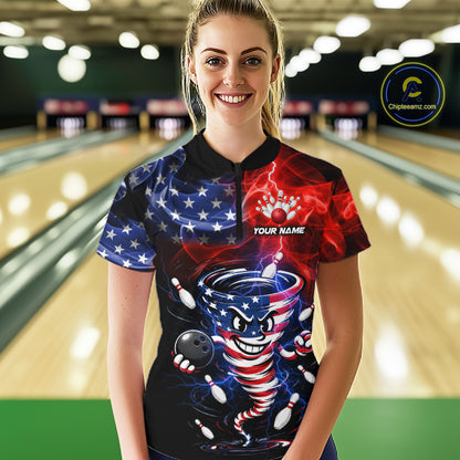 Custom Smoke US Flag Tornado Bowling Jersey for Women Bowling Team Shirts Polo & 1/4 Zip HNT480