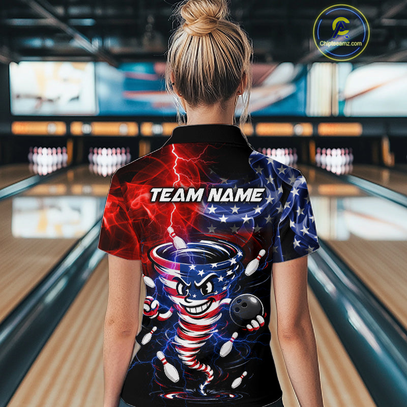 Custom Smoke US Flag Tornado Bowling Jersey for Women Bowling Team Shirts Polo & 1/4 Zip HNT480