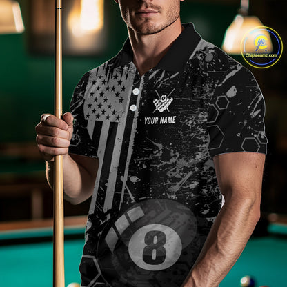 Custom American Flag 8 Ball Billiard Shirts for Men Billiard Team Jerseys Billiard League Polo & 1/4 Zip NNT286