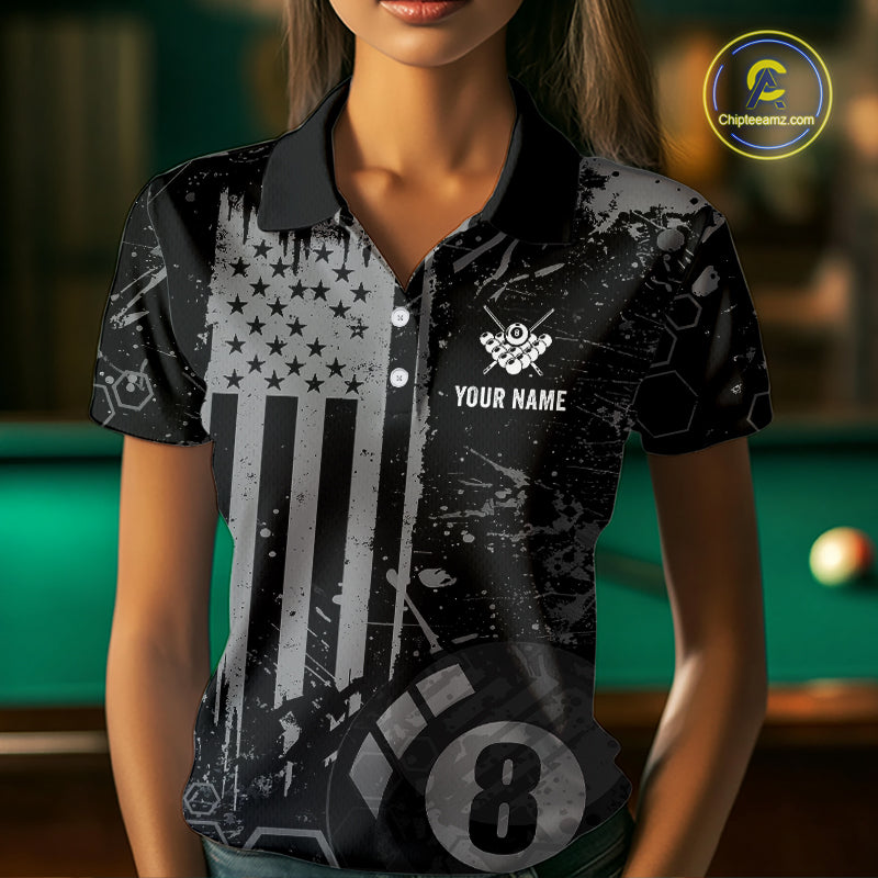 Custom American Flag 8 Ball Billiard Shirts for Women Billiard Team Jerseys Billiard League Polo & 1/4 Zip NNT286