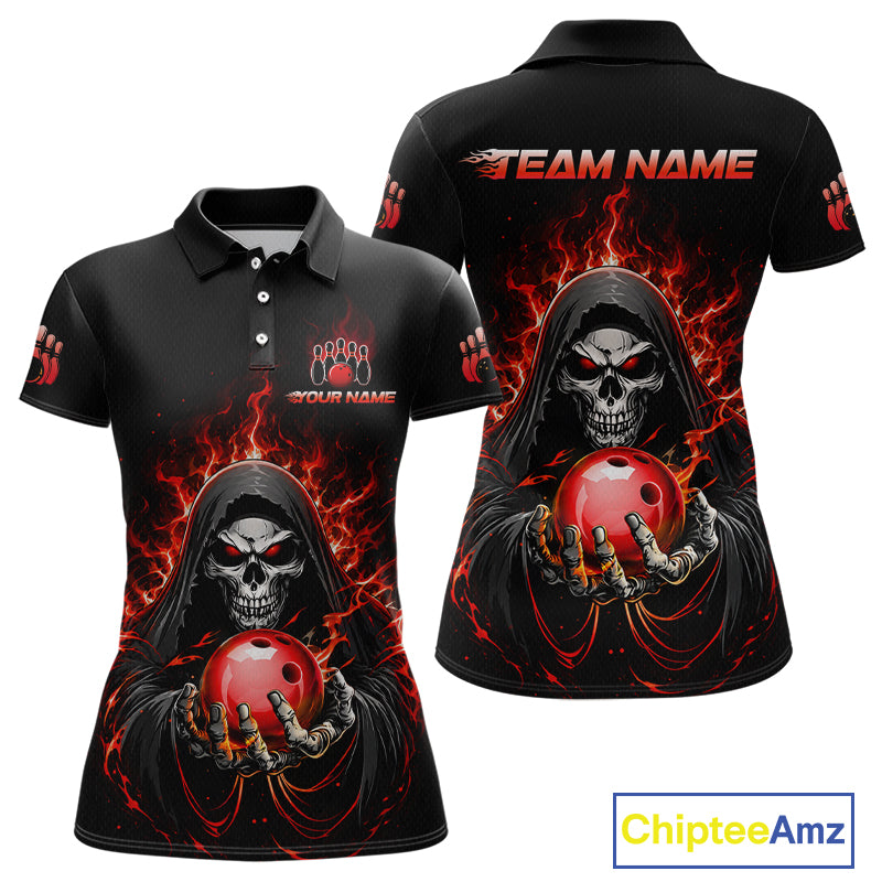 Custom Red Flame Grim Reaper Bowling Jersey for Women Bowling Team Shirts Polo & 1/4 Zip HNT479