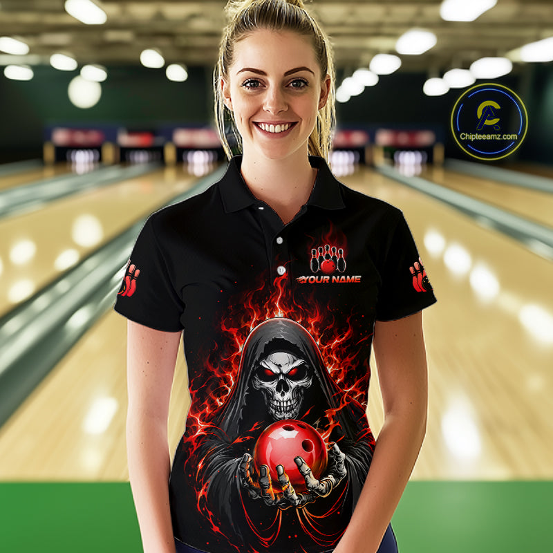 Custom Red Flame Grim Reaper Bowling Jersey for Women Bowling Team Shirts Polo & 1/4 Zip HNT479