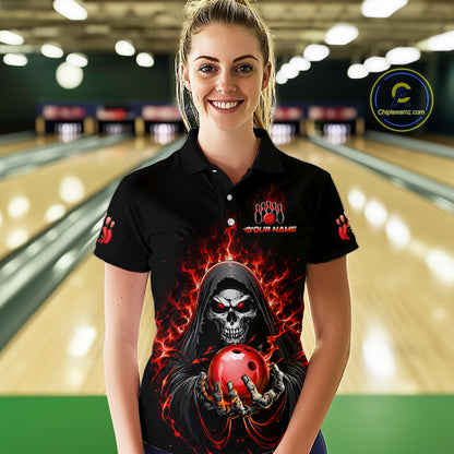 Custom Red Flame Grim Reaper Bowling Jersey for Women Bowling Team Shirts Polo & 1/4 Zip HNT479