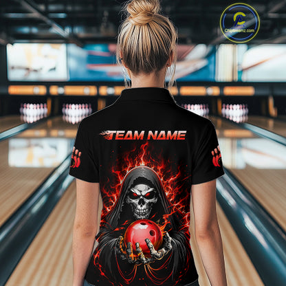 Custom Red Flame Grim Reaper Bowling Jersey for Women Bowling Team Shirts Polo & 1/4 Zip HNT479