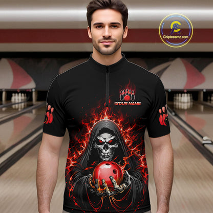 Custom Red Flame Grim Reaper Bowling Jersey for Men Bowling Team Shirts Polo & 1/4 Zip HNT479