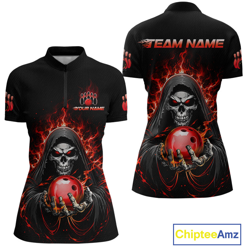 Custom Red Flame Grim Reaper Bowling Jersey for Women Bowling Team Shirts Polo & 1/4 Zip HNT479