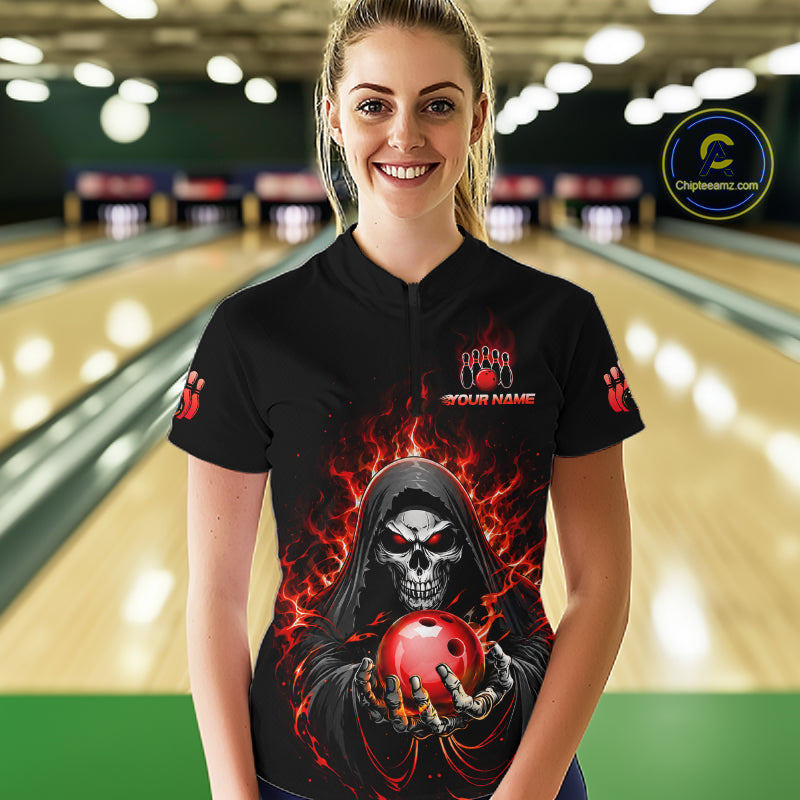 Custom Red Flame Grim Reaper Bowling Jersey for Women Bowling Team Shirts Polo & 1/4 Zip HNT479